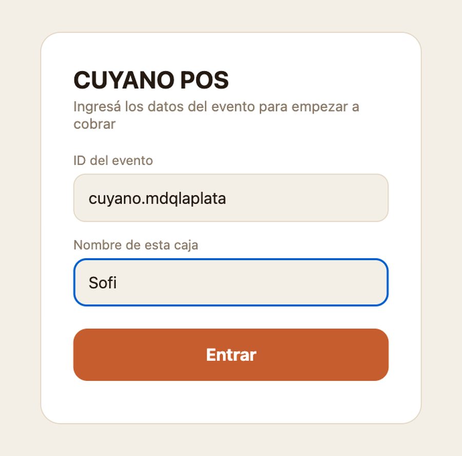 Pantalla de entrada con los campos ID del evento y Nombre de esta caja