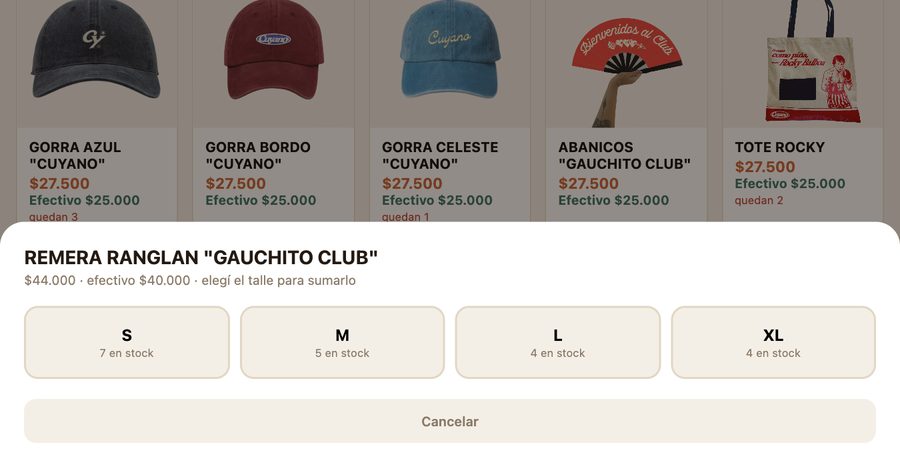 Ventana para elegir el talle de una remera, con el stock de cada uno