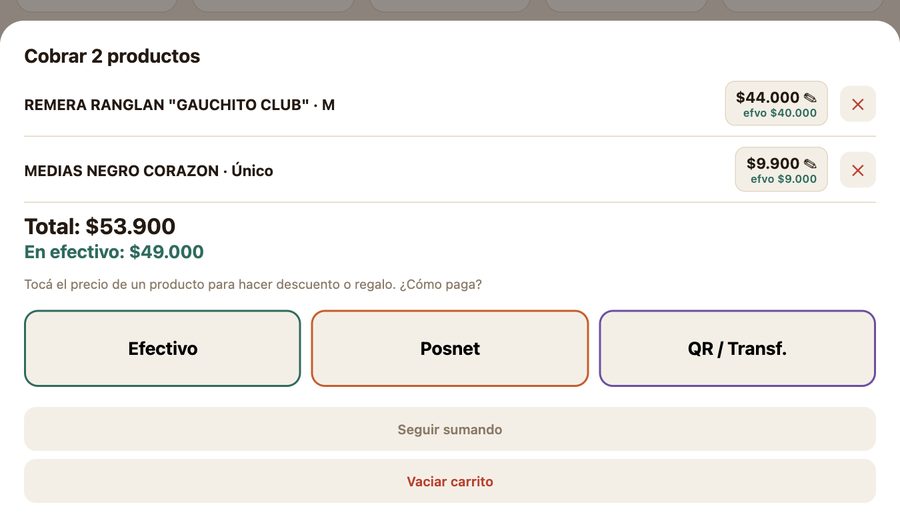 Detalle del carrito con los botones Efectivo, Posnet y QR / Transf.