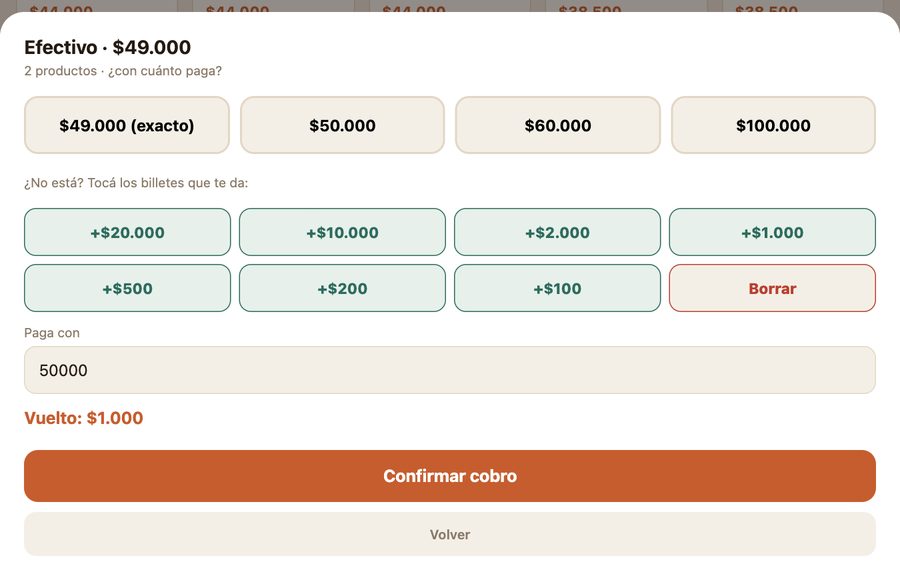 Pantalla de efectivo con montos sugeridos, botones de billetes y el vuelto calculado