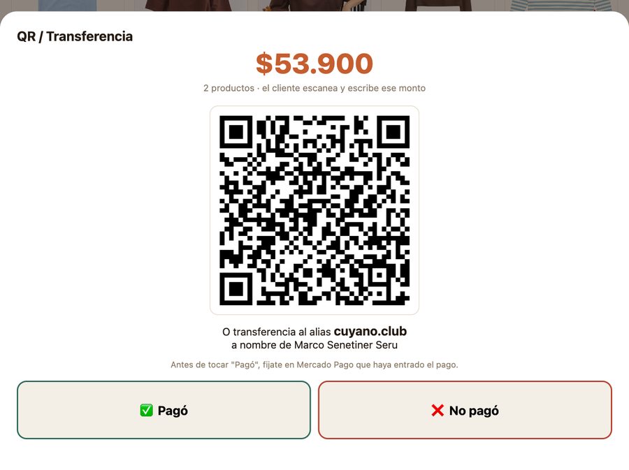 Pantalla de QR y transferencia con el monto, el alias y los botones Pagó y No pagó