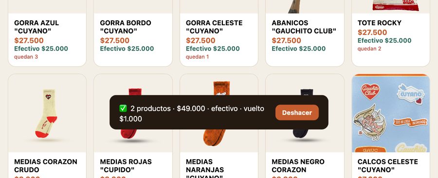 Cartel de confirmación con el total cobrado, el vuelto y el botón Deshacer