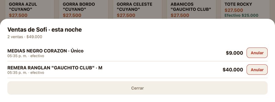 Lista de ventas de la noche con un botón Anular en cada una